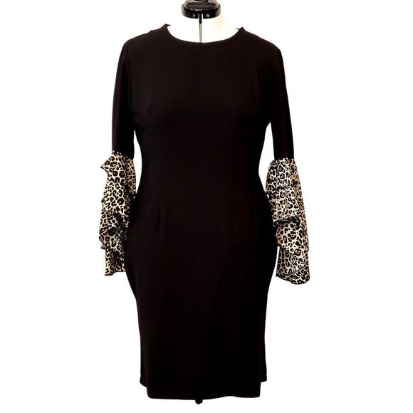 metrostyle Dresses & Skirts - Women’s Black Animal Print Lace-cuff Bell Sleeve Sheath Dress Size XL